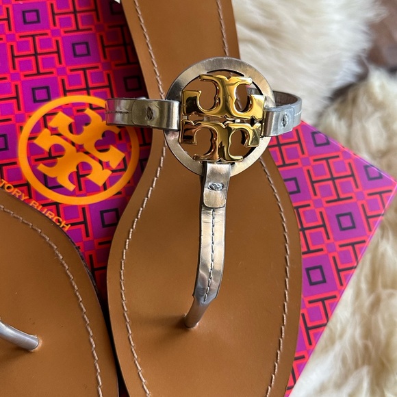 Tory Burch leather mini Millers Mirror Metallic sandals shoes dust bag size 9.5 - Picture 7 of 14